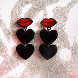 Red lips black heart earrings