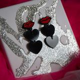 Red lips black heart earrings
