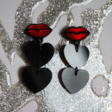 Red lips black heart earrings