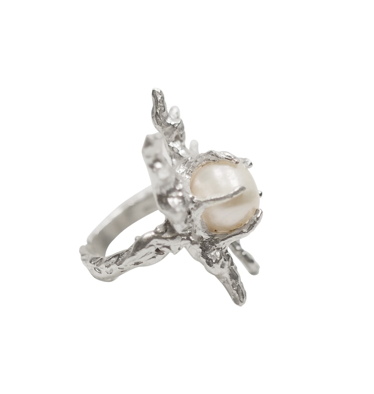Pearl-claw wings ring 925 silver