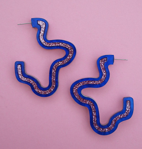 Doodles earrings blue/pink glitter/ mirror