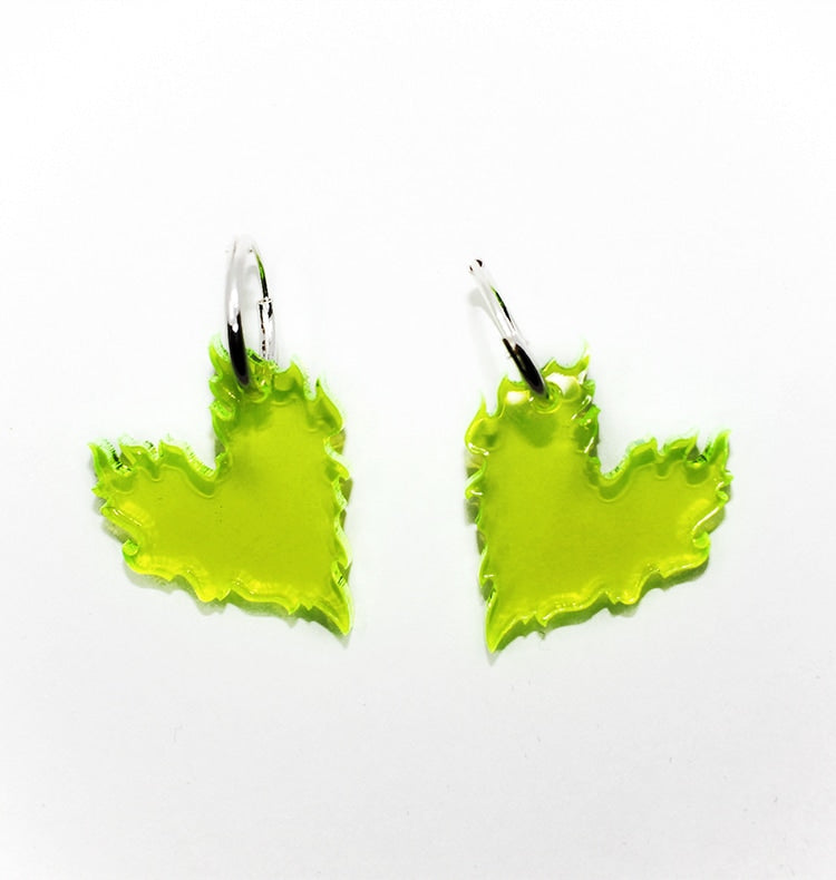 Flaming hearts earrings neon green