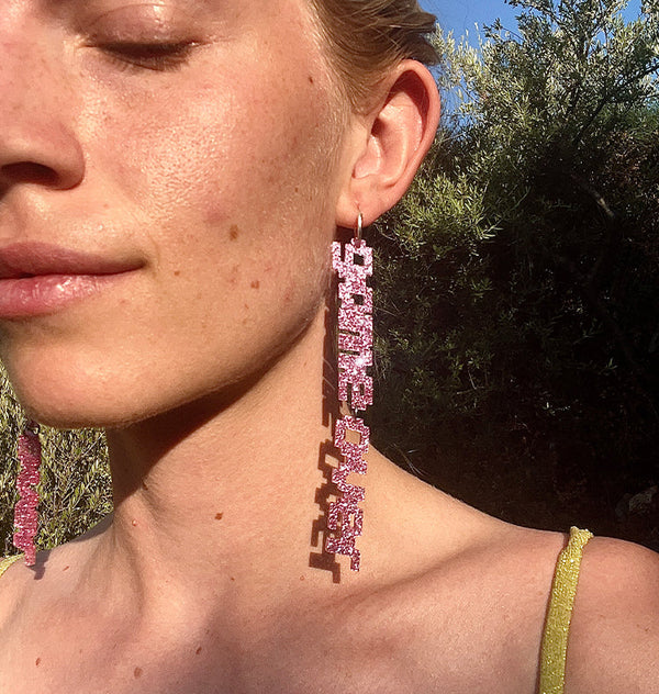 Game over earrings pink glitter